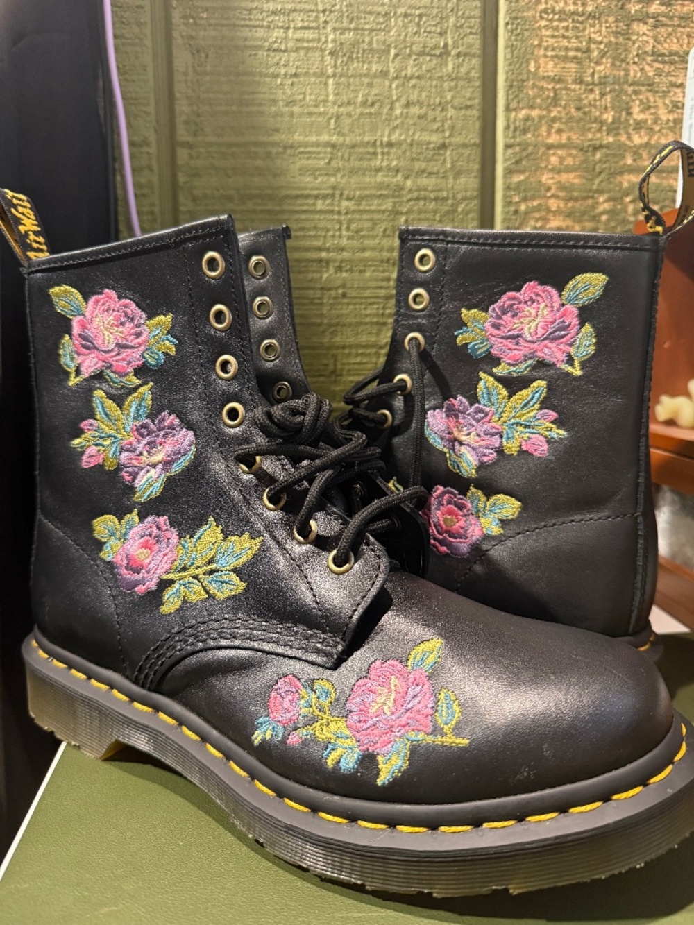 Dr. Martens Black Embroidered Floral Boots